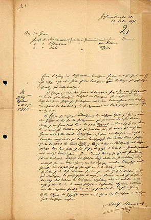 Archiv der BBAW, Arbeitsstelle Kirchenväterkommission, Nr.1, Protokollband von Harnack, Bl. 2 (1. Sitzung vom 20. März 1897)
