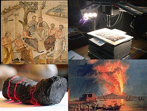 Illustrierende Bilder: Platons Akademie, Kamera, karbonisierter Papyrus, brennendes Pompeii